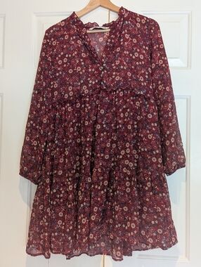 Zara Red Floral Print Ruffled-Neck Mini Baby doll Dress Boho Cottagecore S